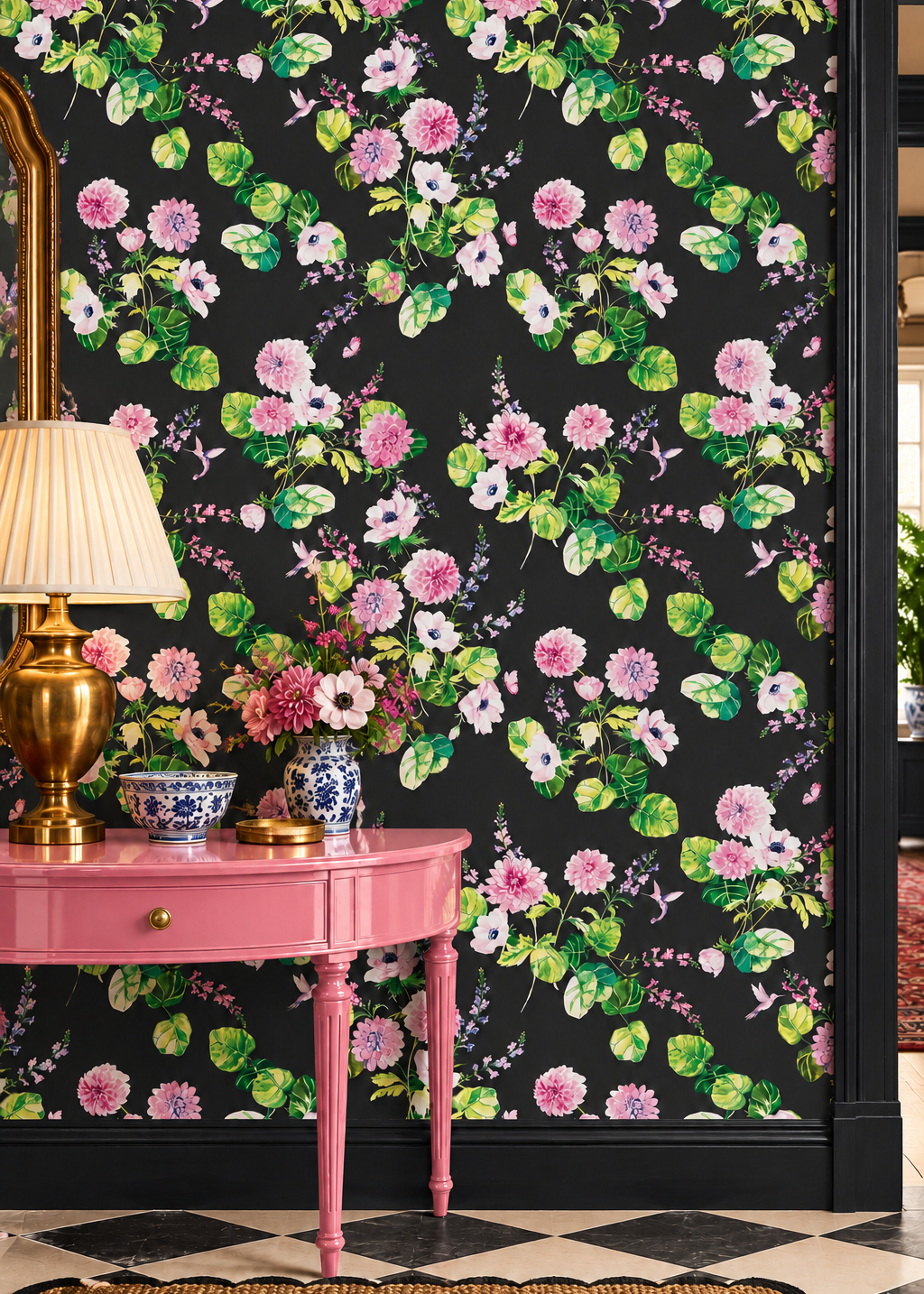 Chirp society black floral chintz design in this dramatic formal entryway with coordinating bright pink table.