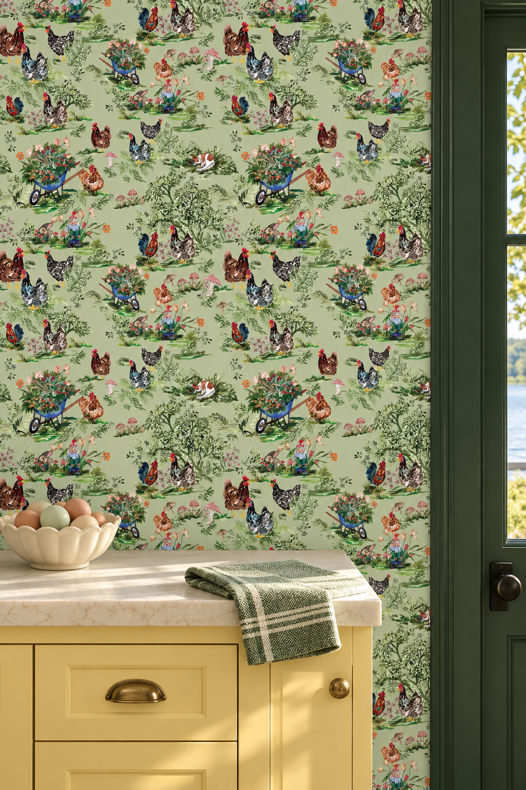 cluckingham toile chicken watercolor wallpaper featured in this cottage core kitchen