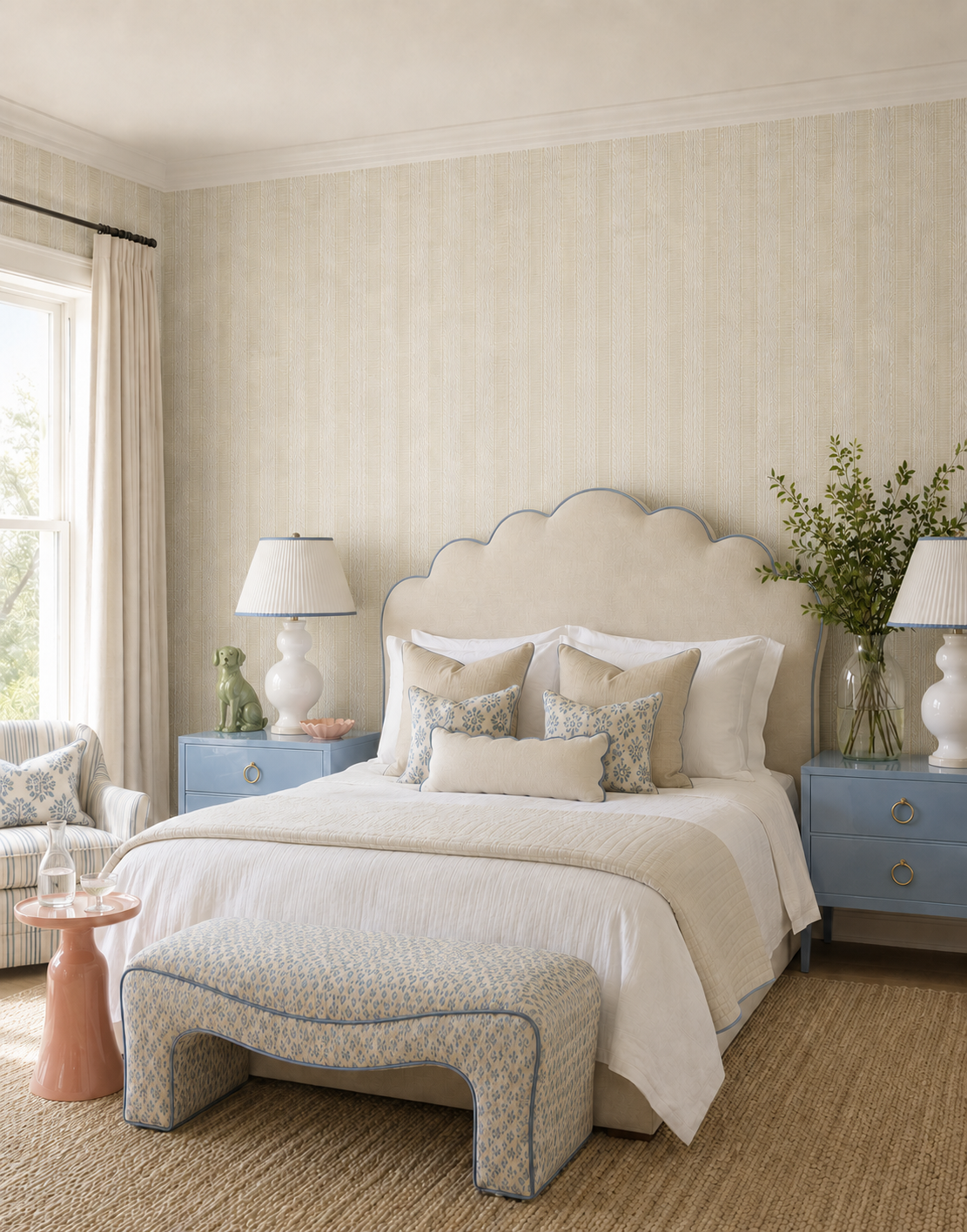 Coastal beach bedroom with all natural Eco-Friendly Ribbon & Woven Stripe Paperweave Wallpaper 