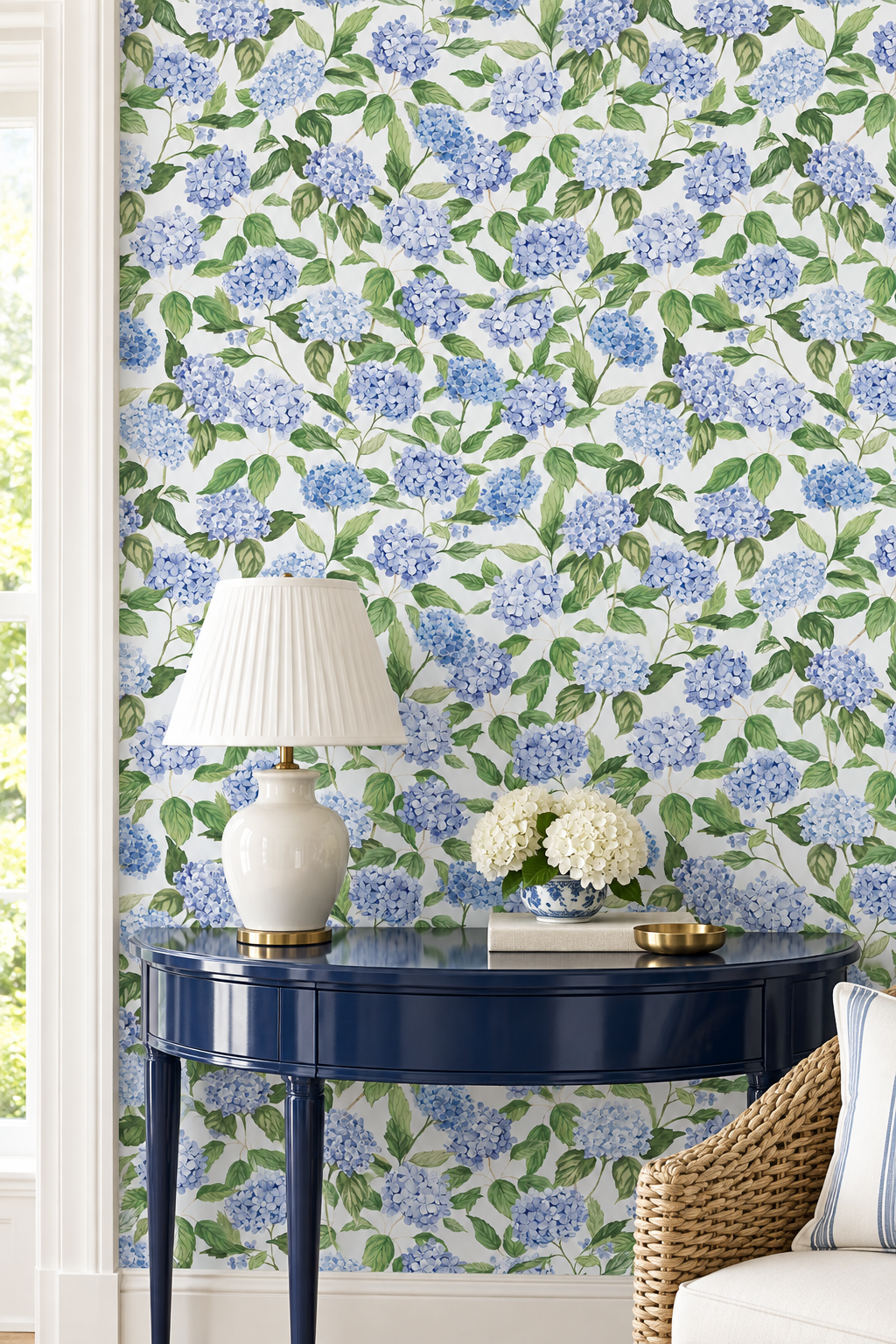 Hydrangea Blooms floral wallpaper in Nikko Blue featured in this formal entraway with a coordinating blue table