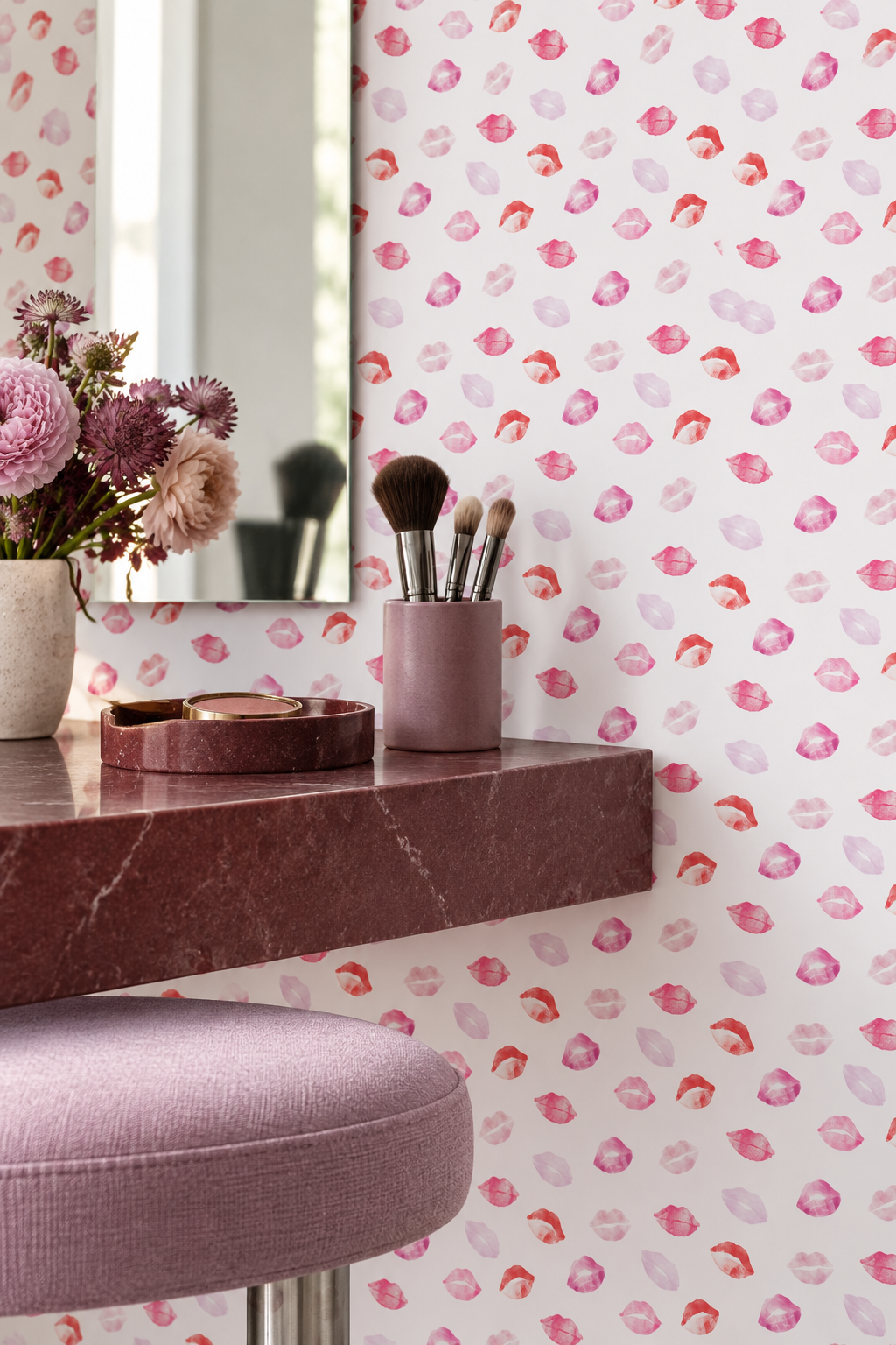 Lip lock lipstick kisses wallpaper featured in this makeup studio vanity