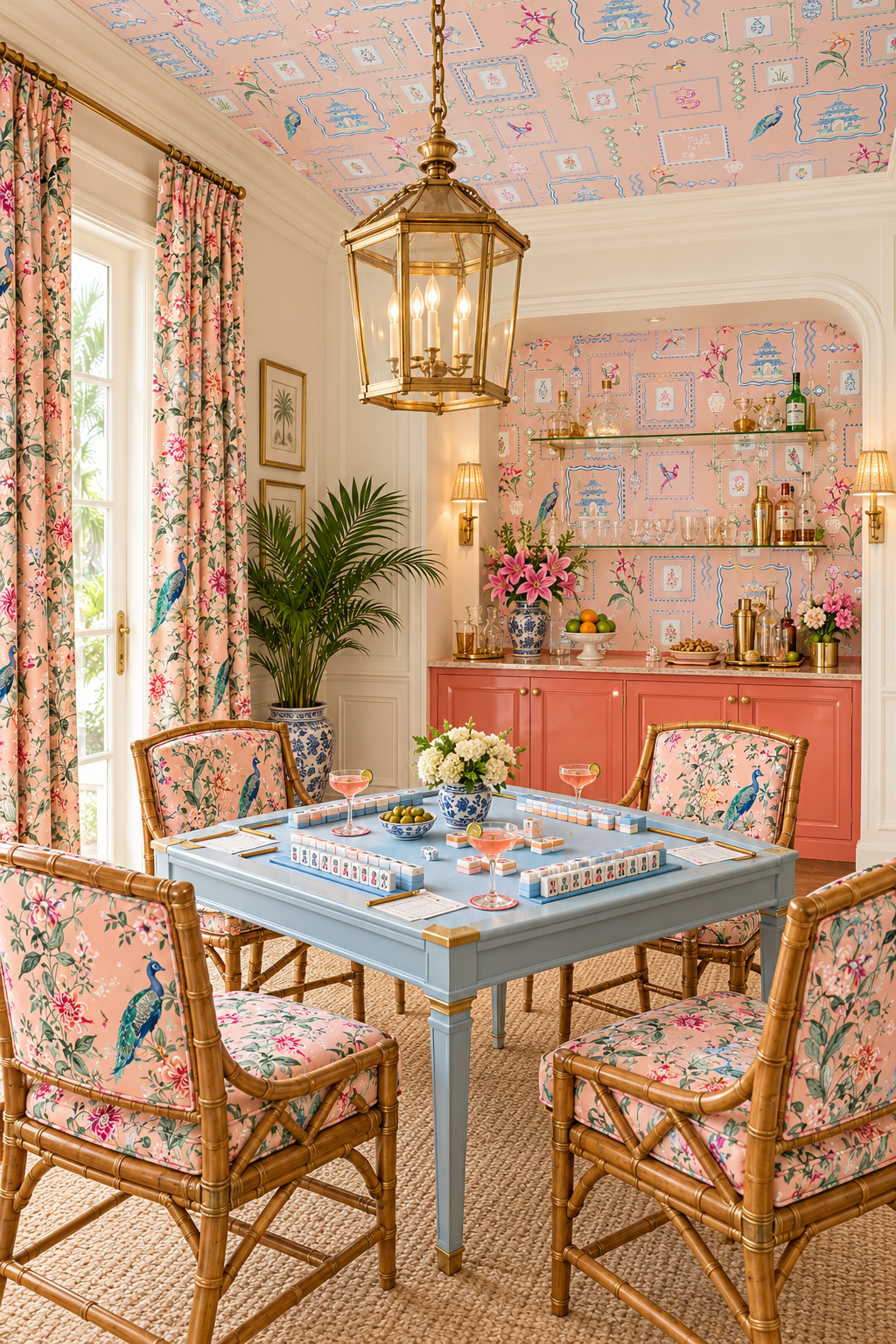 Mahjong game room featuring Mahjong Floral stripe wallpaper in coral crack
