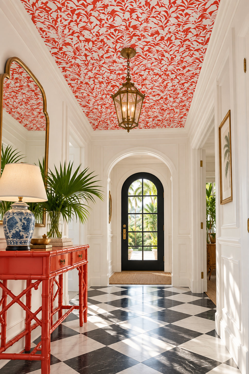 grand traditional formal entrway featuring bold red and white palm frond and found wallpaper with matching red credenza