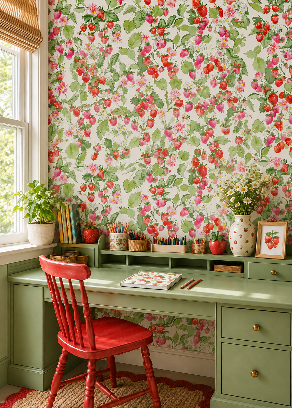 strawberry fileds floral wallpaper featured in kid's study nook