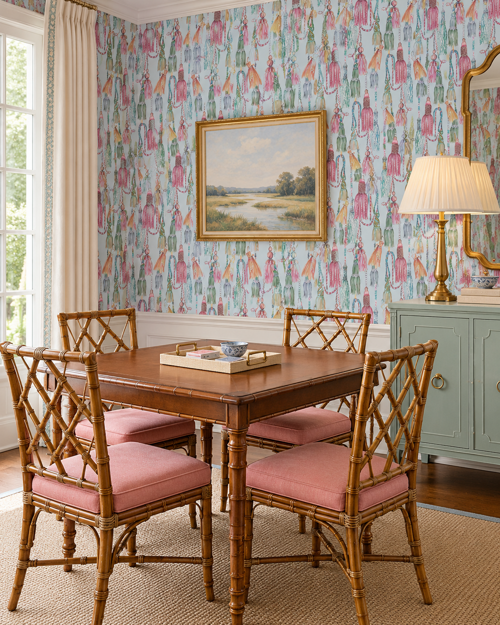 Silk Ribbon Blue Tassel Trellis wallpaper in this luxury traditional game room for mahjong