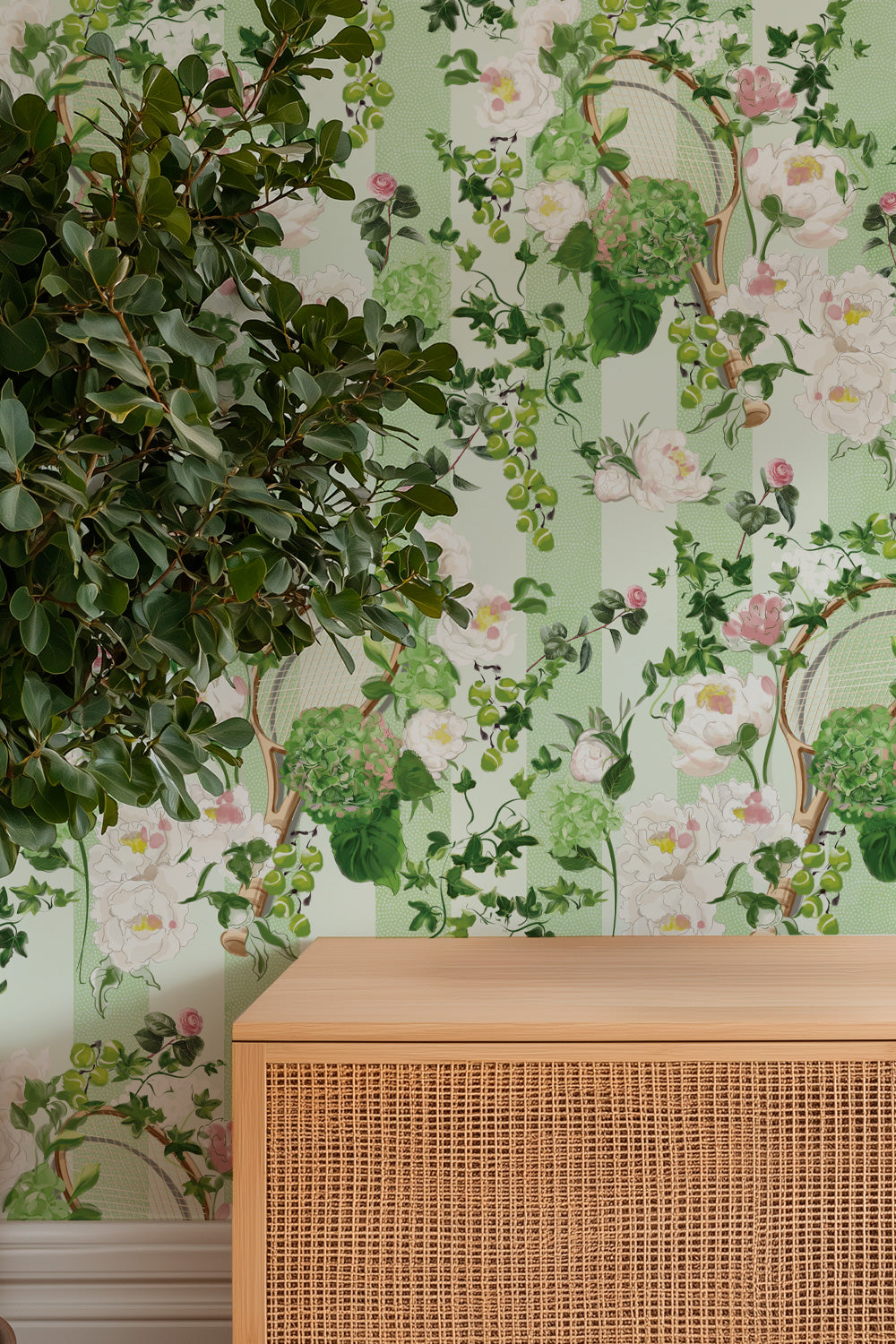 bedroom with tennis floral striped wallpaper