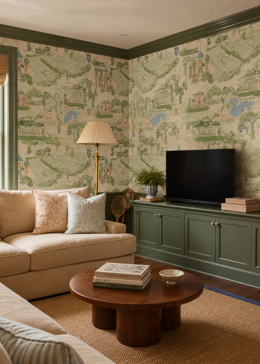 casual family tv room with tennis garden toile wallpaper