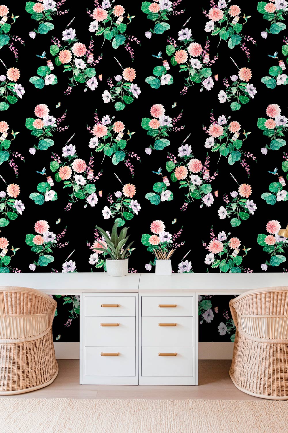 black floral wallpaper featured in high end home office by house party