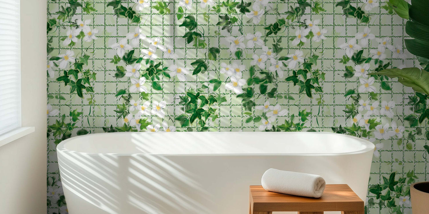 bathroom wall with statement botanical wallpaper