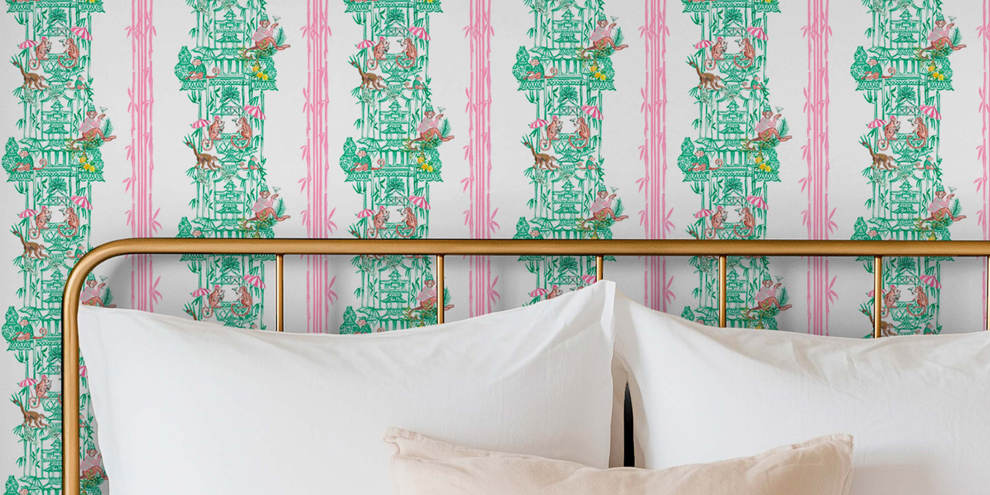 Chinoiserie wallpaper with detailed scenic illustration