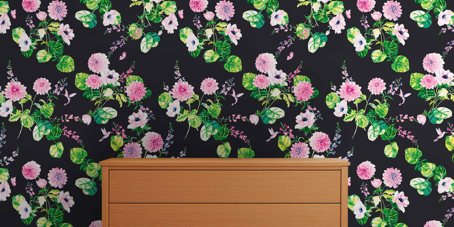 black floral wallpaper in luxury bedroom