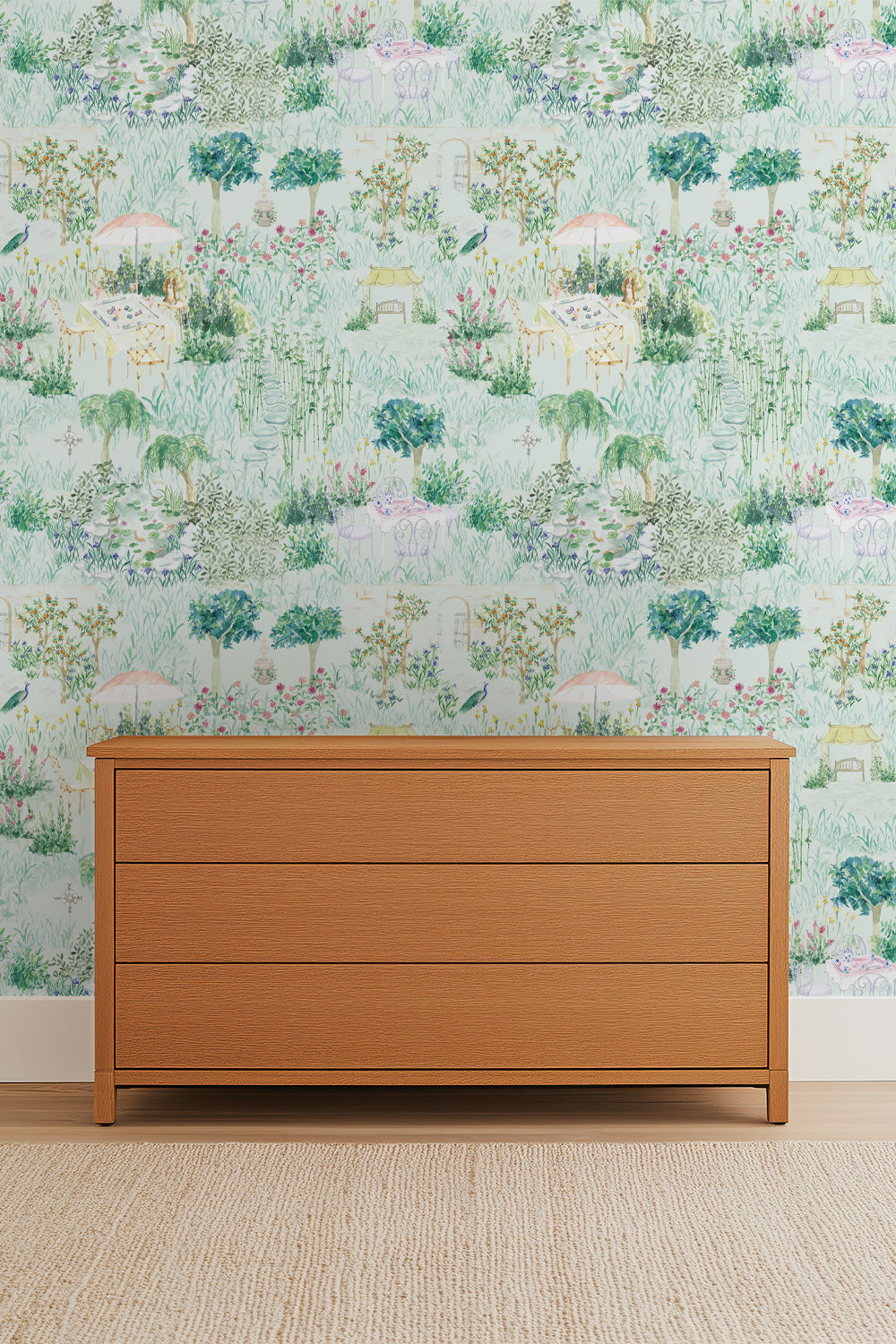 tonal green botanical floral wallpaper in high-end nursery