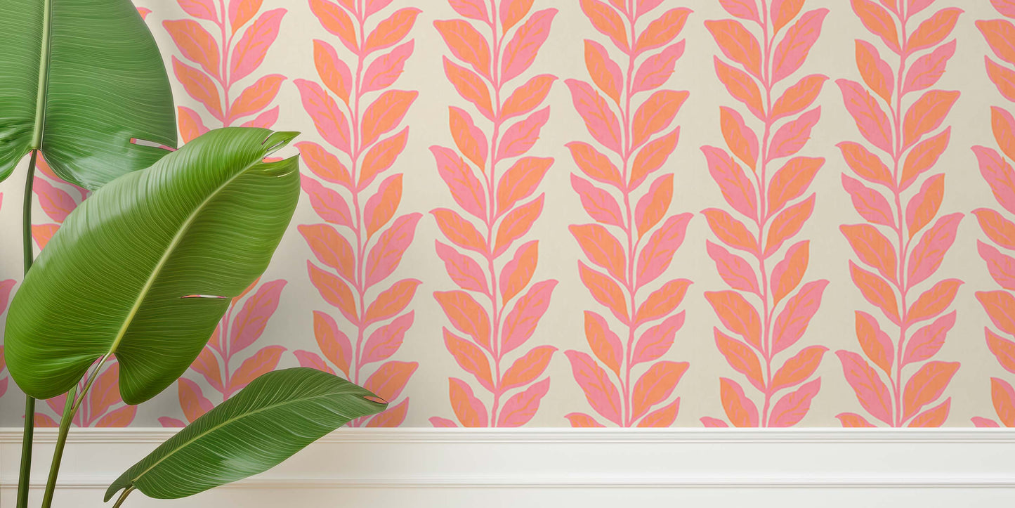 coral and orange with pink botanical striped wallpaper