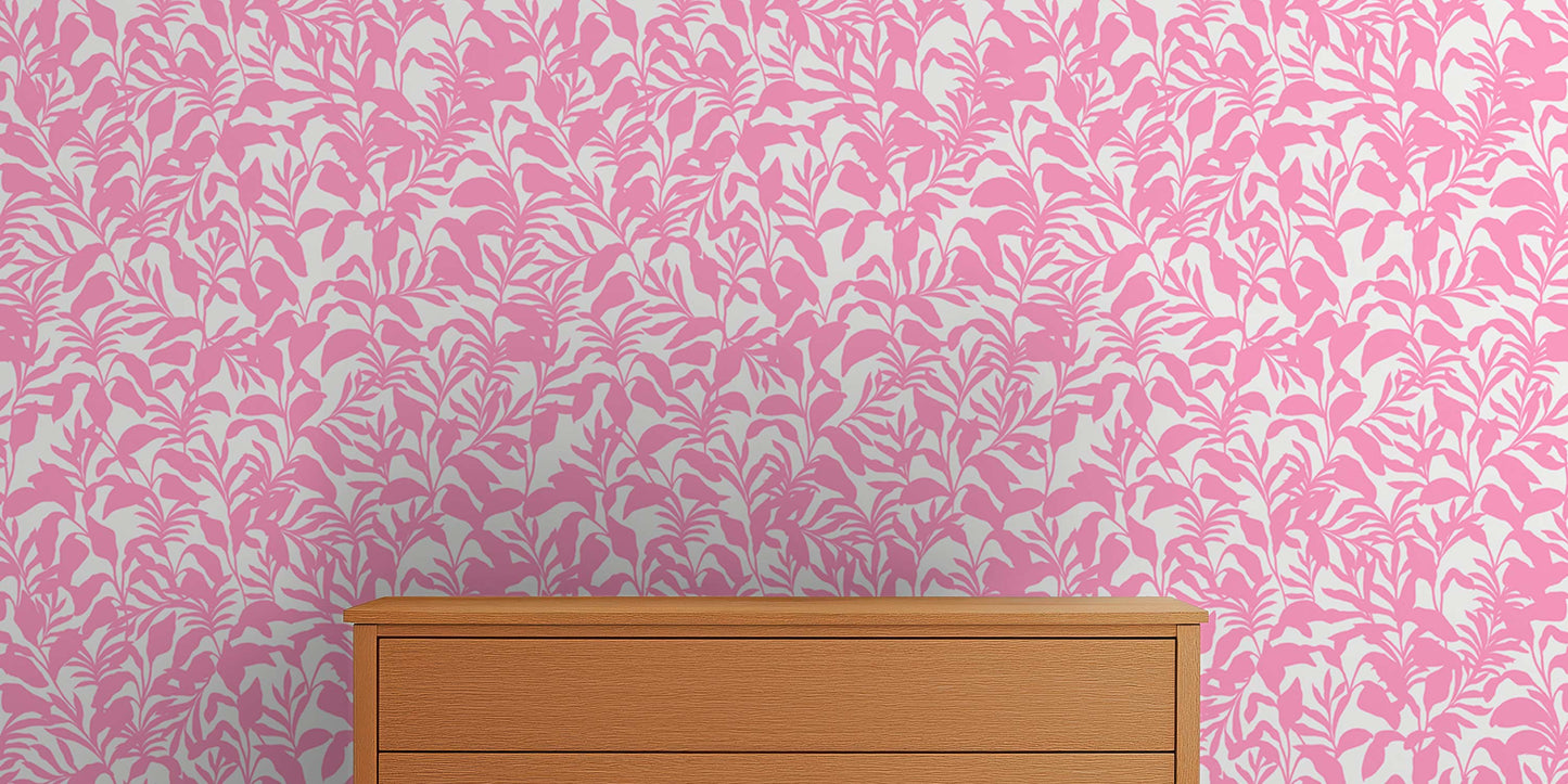 laundry room with fun bright botanical wallpaper