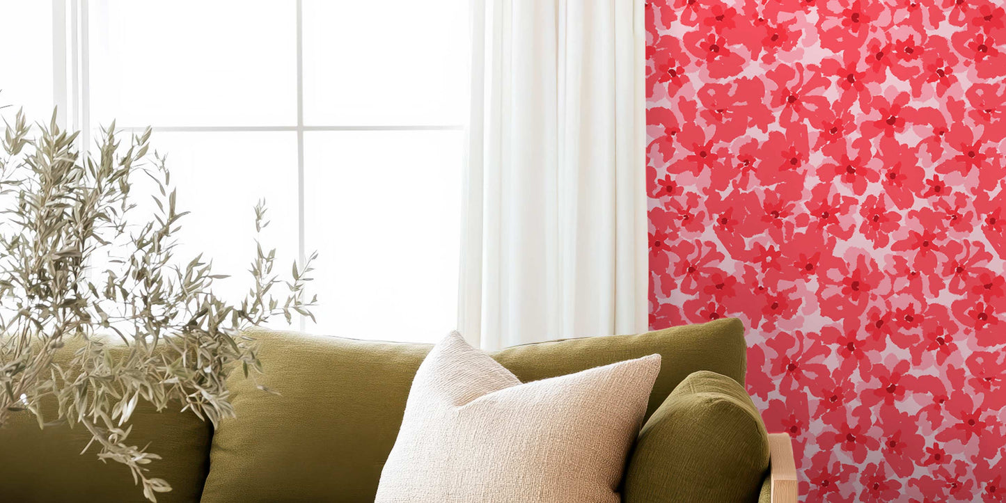 bright red floral botanical wallpaper