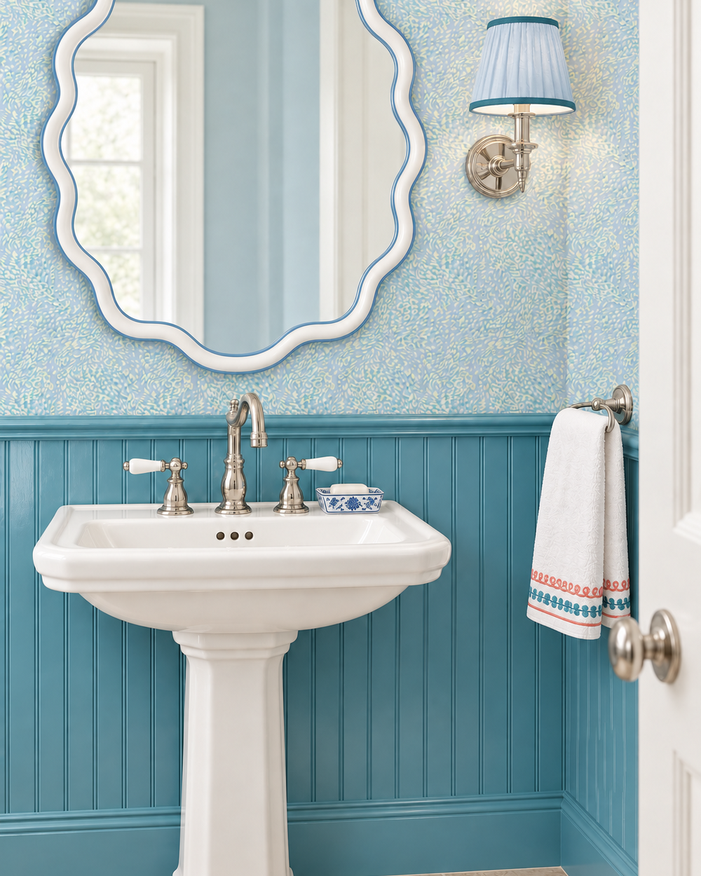 french blue and teal abstract leopard wave print abstract printed on commercial grade water and stain resistant performance vinyl wall-covering, great for bathrooms, kitchens and commercial spaces