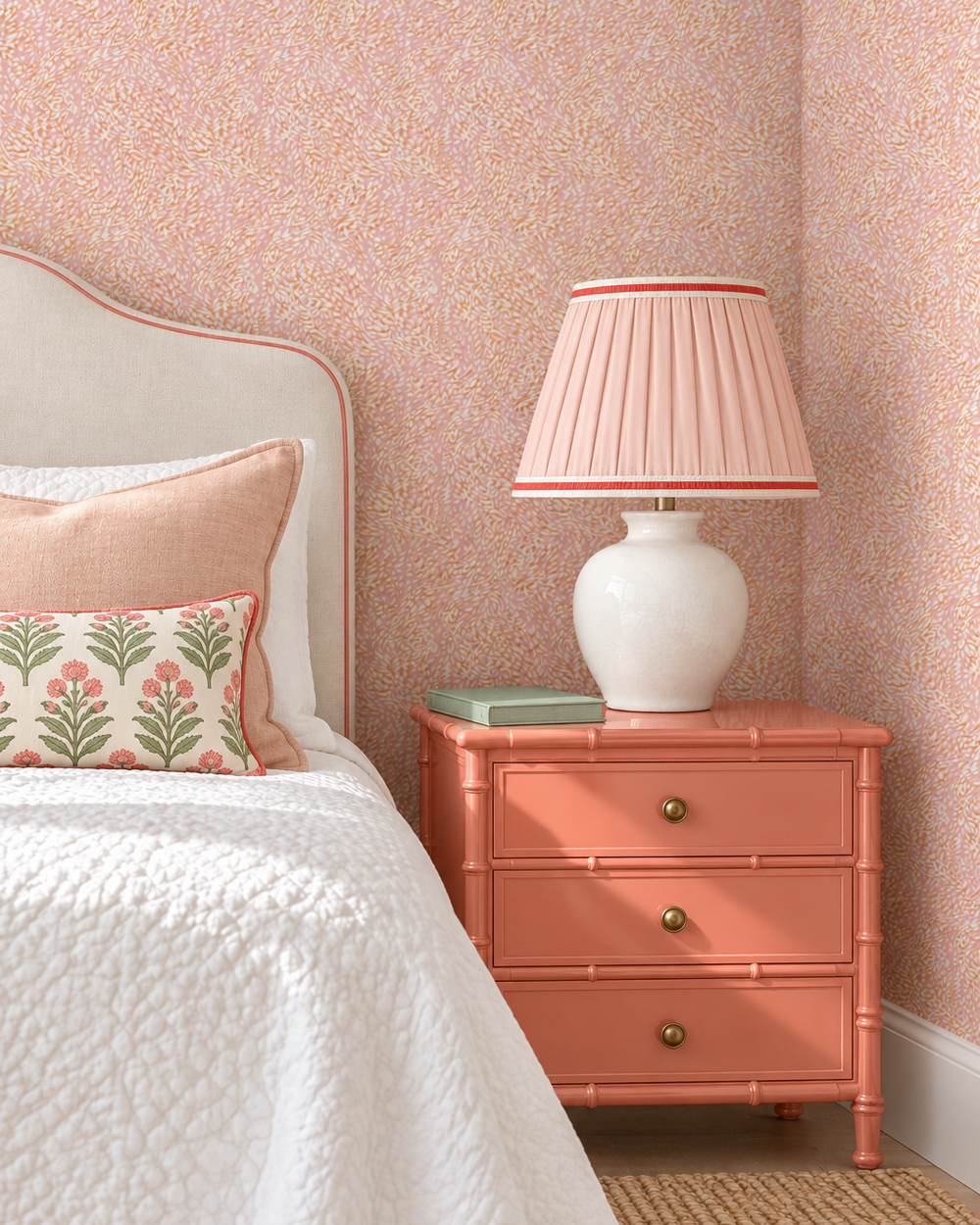 abstract leopard print wallpaper for fun and subtle bedroom accent in shades of pink and cream