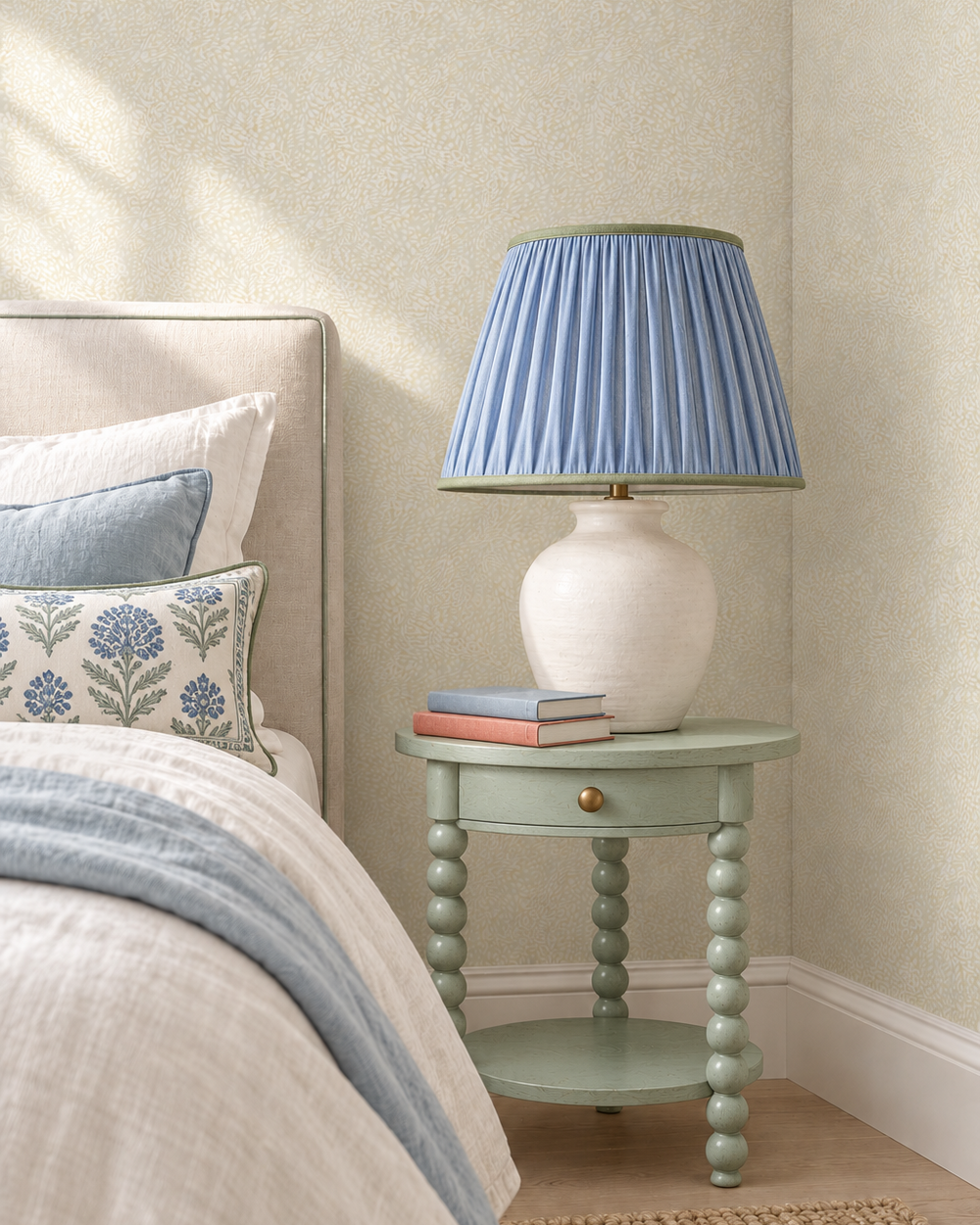 bedroom with neutral small scale cheetah printed wallpaper in shades of whites and neutrals