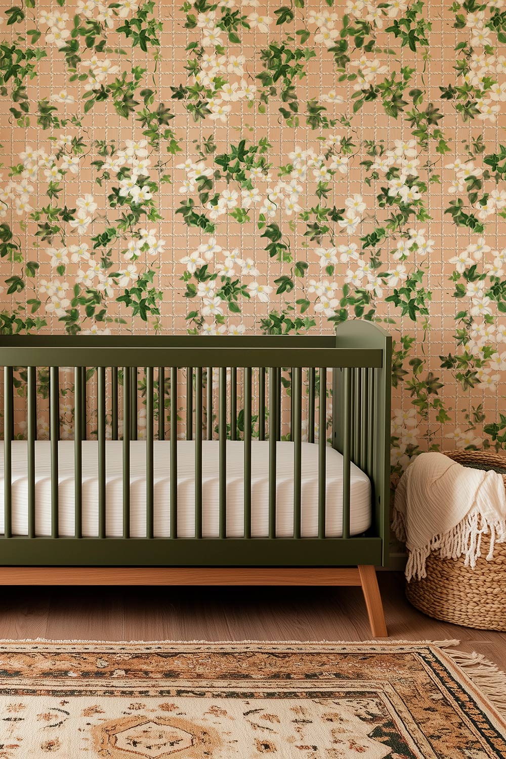 Matte wallpaper featuring watercolor ivy and white clematis flowers woven through a subtle tennis-net grid on a smooth traditional surface perfect for feminine yet sporty baby girl nurseries