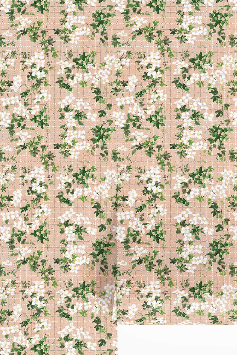 ace of ivy wallpaper, botanical wallpaper, floral tennis wallpaper, watercolor ivy wallpaper, classic floral wallcovering, garden inspired wallpaper, tennis club wallpaper, soft green floral wallpaper, pink blush wall covering