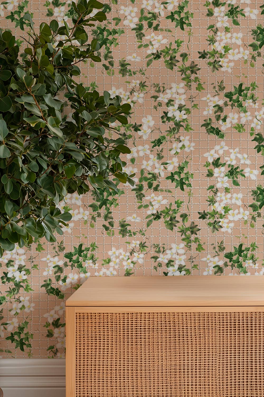Performance vinyl wallpaper with watercolor ivy, white flowers, and a subtle tennis-net grid on a smooth, washable surface