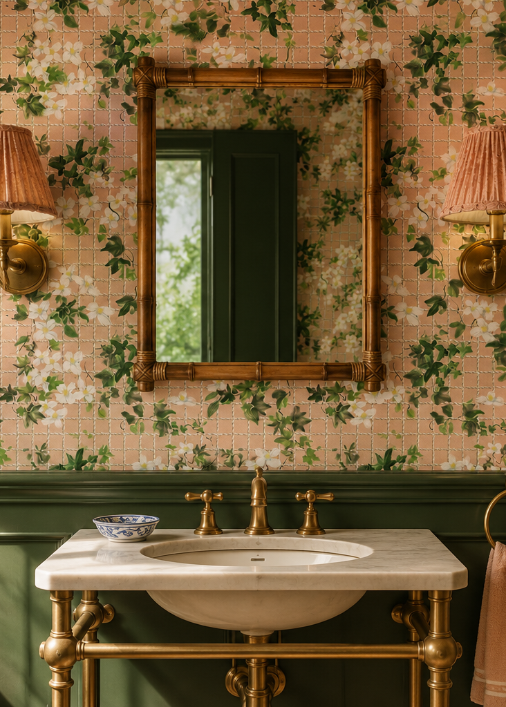 luxury elevated powder room with tennis net inspired coral wallpaper with ivy and white flowers printed on performance vinyl wallcovering perfect for bathroom, powder rooms restaurants and locker rooms.