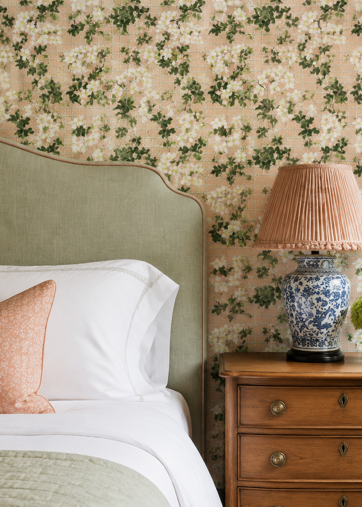 Matte wallpaper featuring watercolor ivy and white clematis flowers woven through a subtle tennis-net grid on a smooth traditional surface perfect for a sporty yet feminine bedroom