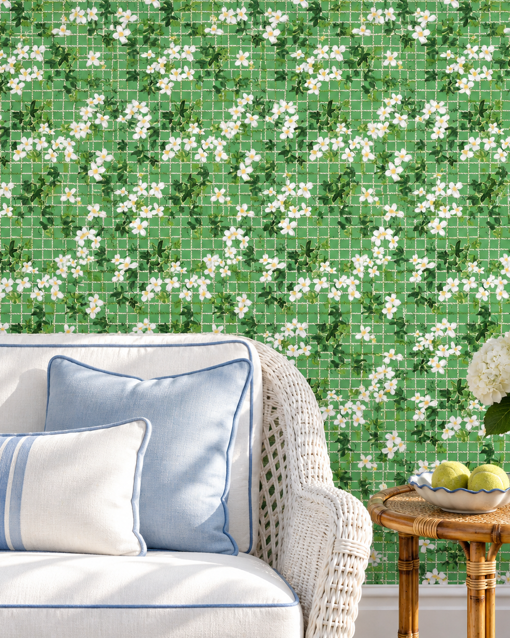 Energetic bright kelly green matte wallpaper featuring watercolor ivy and white clematis flowers woven through a subtle tennis-net grid on a smooth traditional surface perfect for fun country club sun room