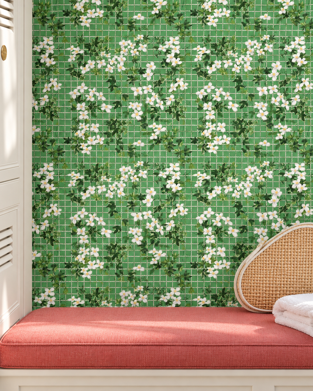Performance vinyl wallpaper with watercolor ivy, white flowers, and a subtle tennis-net grid on a textured, washable surface in bright grass green perfect for high traffic country club locker rooms and lounges
