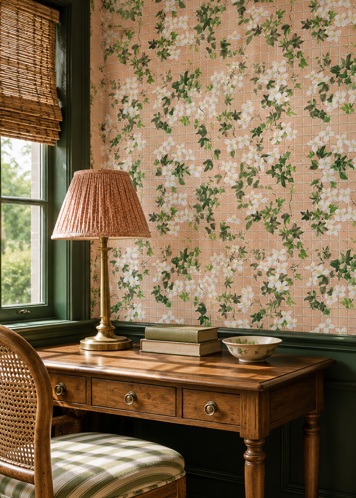 A styled interior room showing floral wallpaper on a wall above a wooden desk with a lamp, books, and a cane chair. The wallpaper has a warm peach background with an allover green and white floral pattern.