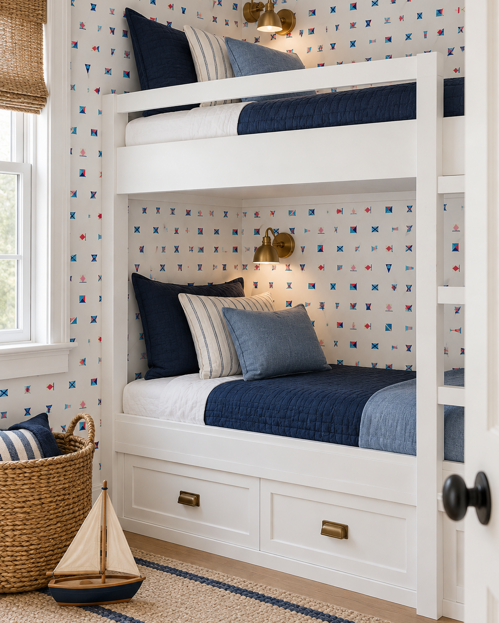 Nautical flag wallpaper in bright colors for lake house walls in patriotic colors featured in this coastal bunk room