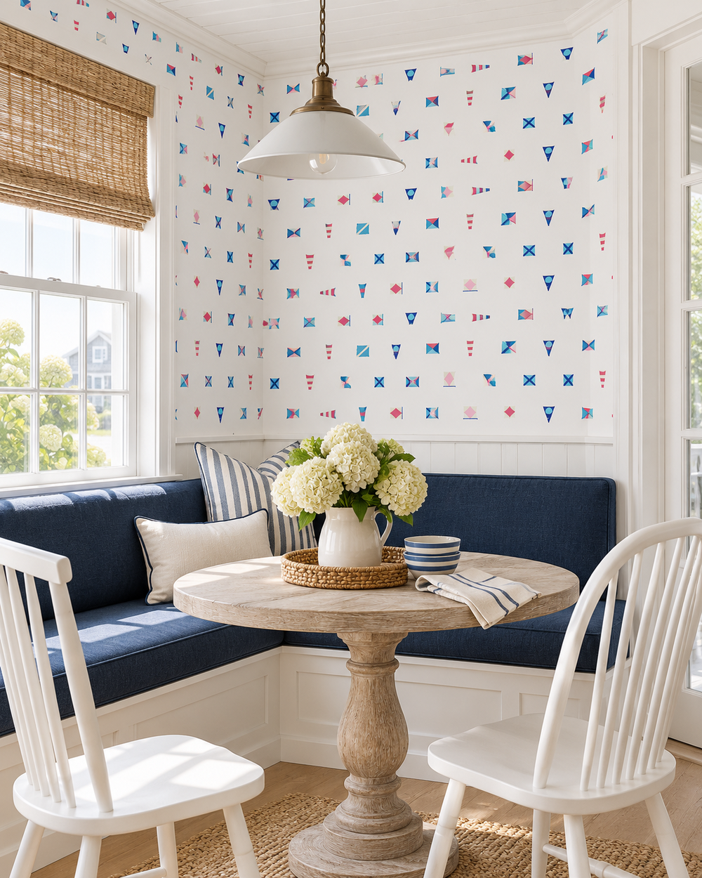 washable and stain resistant performance vinyl wallpaper in patriotic nautical sailboat flags for wet bars, kitchens and restaurants