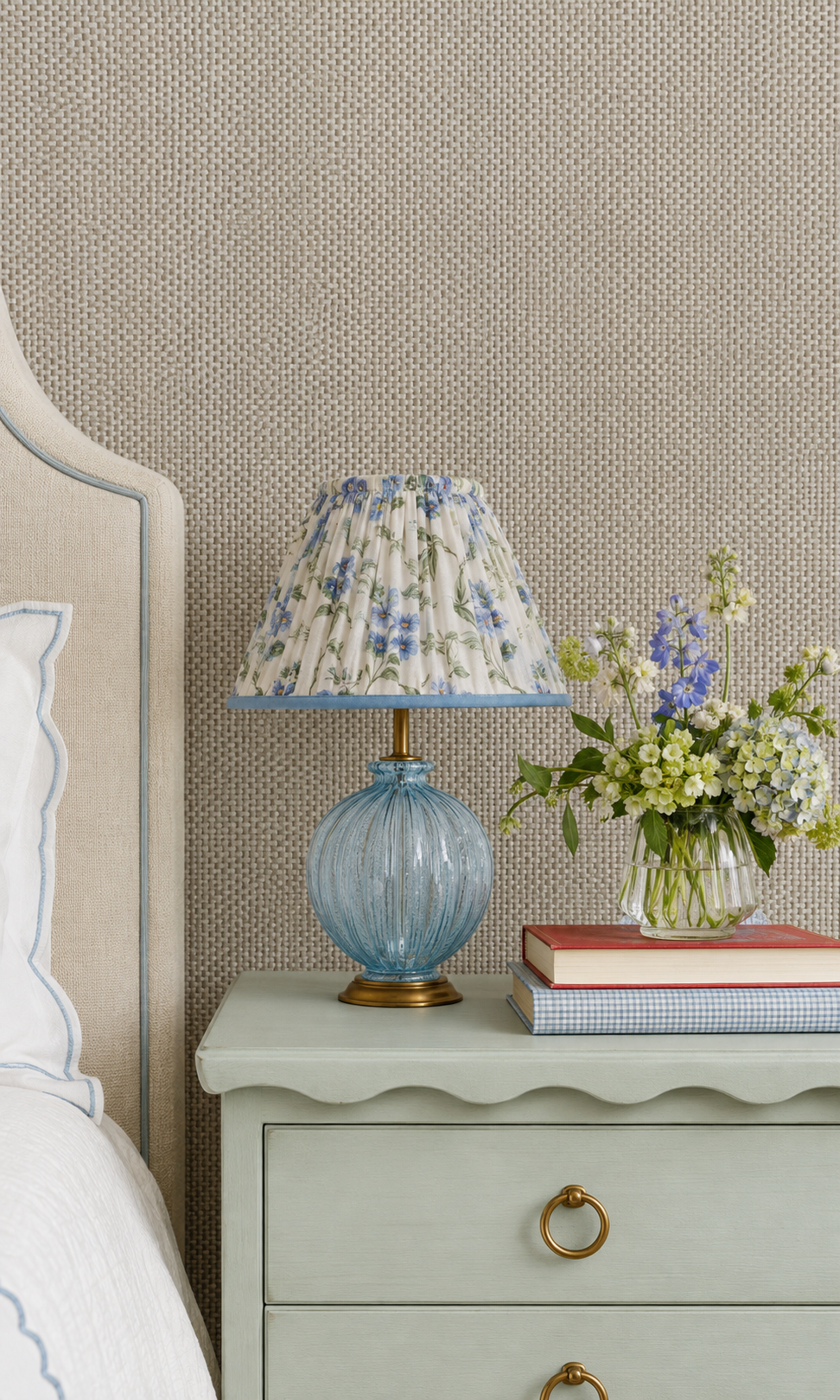 eco-friendly woven Open Weave Paperweave Wallpaper – Light Neutral Organic Fibers featured in this feminine guest bedroom suite