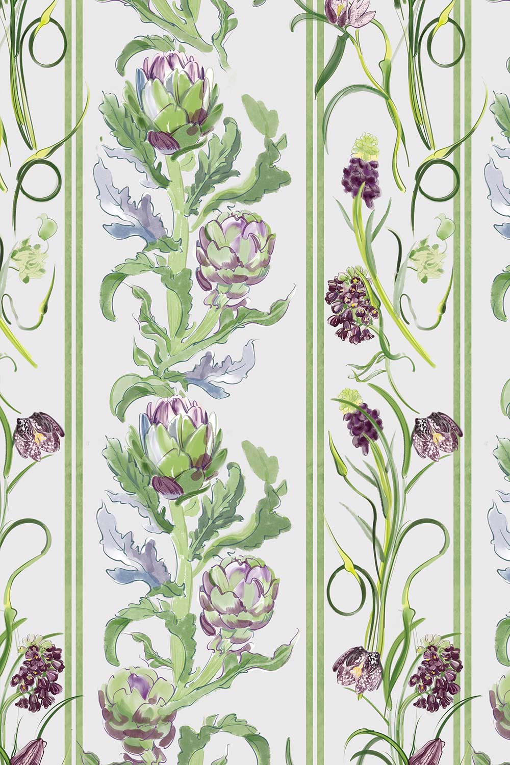 artichoke wallpaper, botanical stripe wallpaper, green stripe wallpaper, vegetable wallpaper, farmers market wallpaper, kitchen wallpaper, green floral wallpaper, striped botanical print, grasscloth wallpaper, all-natural eco-friendly wall-cover, custom wallpaper luxury wallpaper