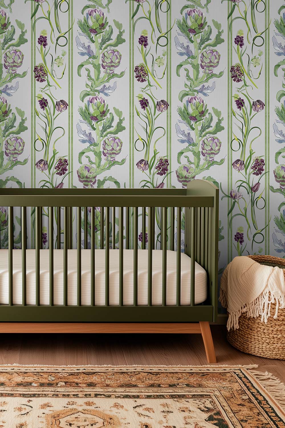 artichoke wallpaper, botanical stripe wallpaper, green stripe wallpaper, vegetable wallpaper, farmers market wallpaper, kitchen wallpaper, green floral wallpaper, striped botanical print, traditional matte wallpaper, all-natural eco-friendly wall-cover, custom wallpaper luxury wallpaper