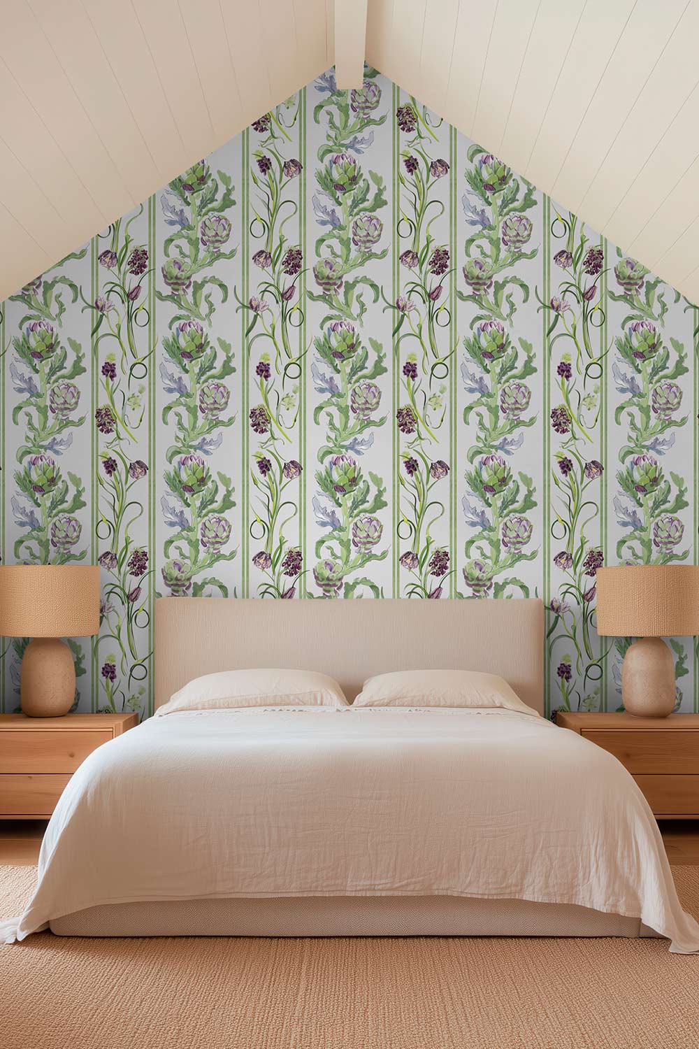 artichoke wallpaper, botanical stripe wallpaper, green stripe wallpaper, vegetable wallpaper, farmers market wallpaper, kitchen wallpaper, green floral wallpaper, striped botanical print, grasscloth wallpaper, all-natural eco-friendly wall-cover, custom wallpaper luxury wallpaper