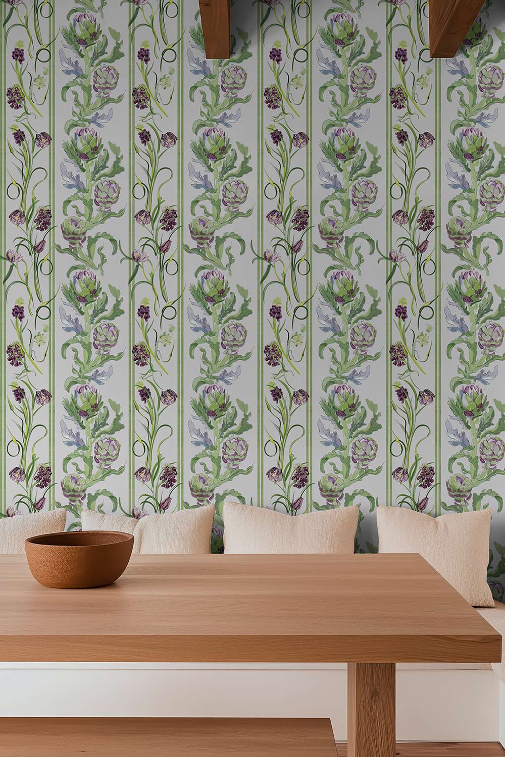 artichoke wallpaper, botanical stripe wallpaper, green stripe wallpaper, vegetable wallpaper, farmers market wallpaper, kitchen wallpaper, green floral wallpaper, striped botanical print, performance wall-covering, commercial grade wallpaper, washable wallcovering, moisture and stain resistant wallcovering