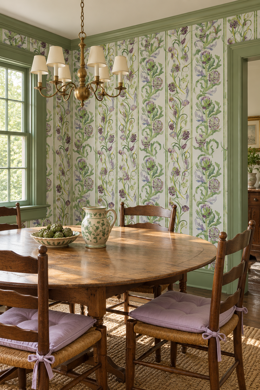 artichoke wallpaper, botanical stripe wallpaper, green stripe wallpaper, vegetable wallpaper, farmers market wallpaper, kitchen wallpaper, green floral wallpaper, striped botanical print, grasscloth wallpaper, all-natural eco-friendly wall-cover, custom wallpaper luxury wallpaper