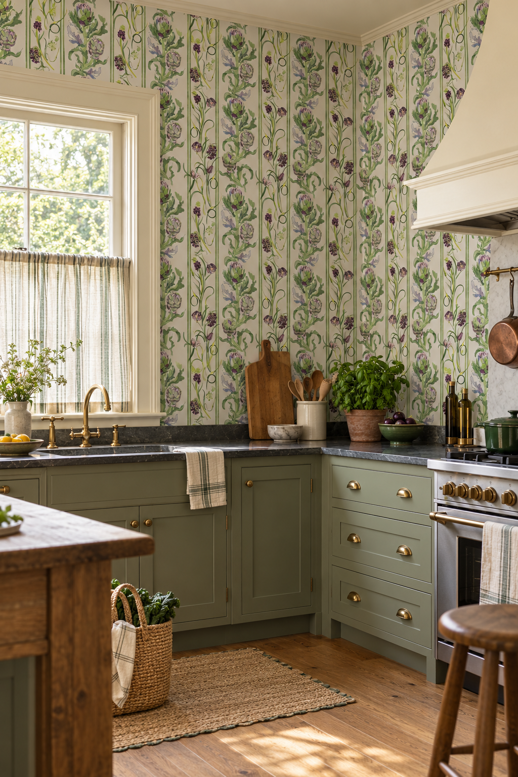 artichoke wallpaper, botanical stripe wallpaper, green stripe wallpaper, vegetable wallpaper, farmers market wallpaper, kitchen wallpaper, green floral wallpaper, striped botanical print, performance wall-covering, commercial grade wallpaper, washable wallcovering, moisture and stain resistant wallcovering