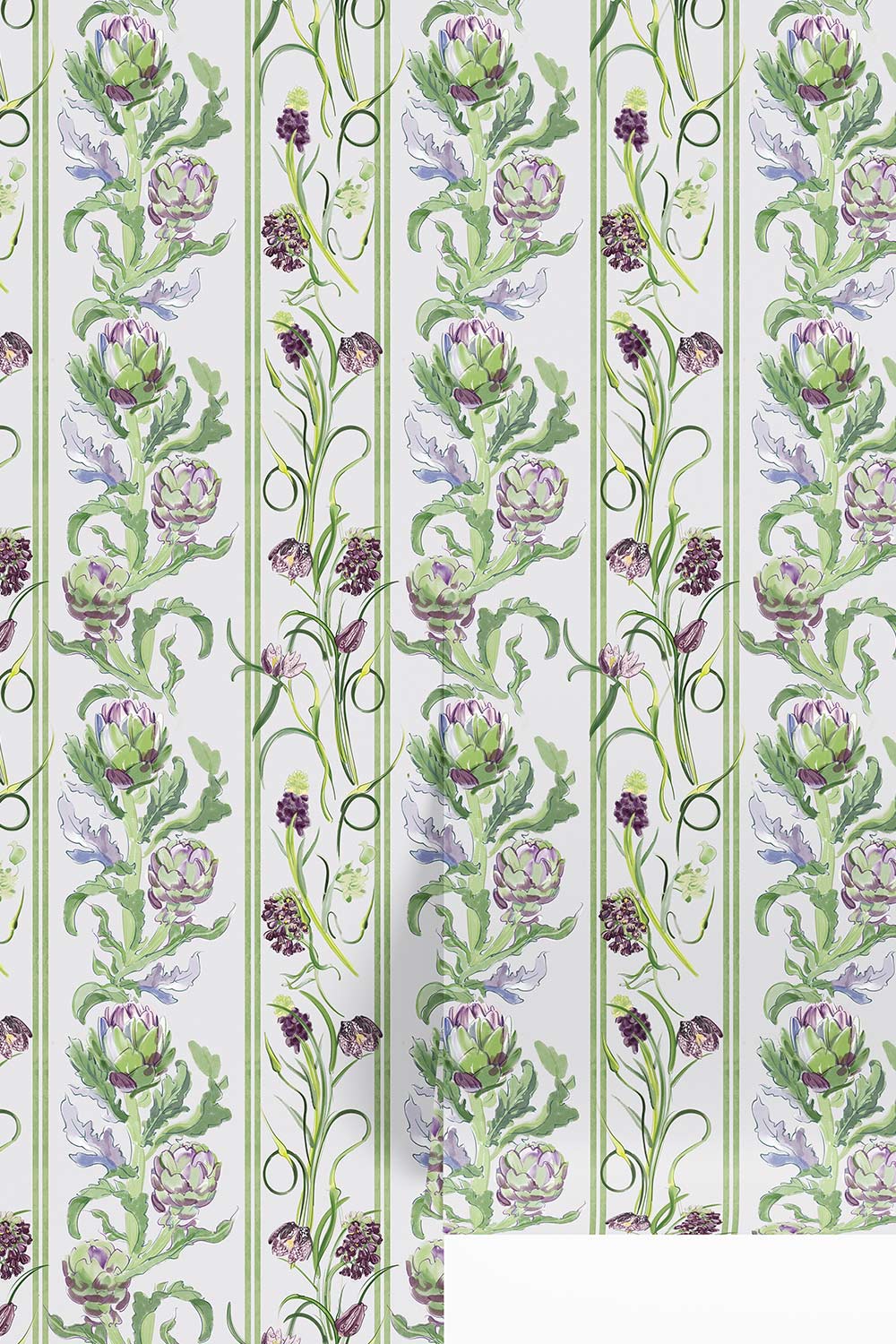 artichoke wallpaper, botanical stripe wallpaper, green stripe wallpaper, vegetable wallpaper, farmers market wallpaper, kitchen wallpaper, green floral wallpaper, striped botanical print, traditional matte wallpaper, all-natural eco-friendly wall-cover, custom wallpaper luxury wallpaper