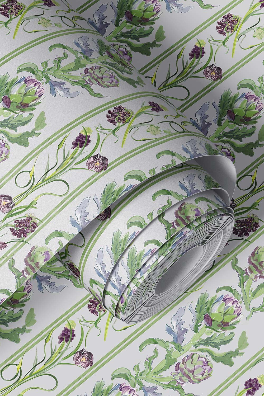 artichoke wallpaper, botanical stripe wallpaper, green stripe wallpaper, vegetable wallpaper, farmers market wallpaper, kitchen wallpaper, green floral wallpaper, striped botanical print, performance wall-covering, commercial grade wallpaper, washable wallcovering, moisture and stain resistant wallcovering