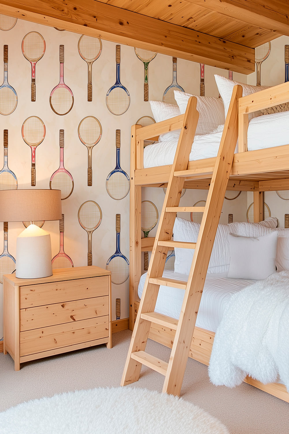 Performance vinyl wallpaper featuring illustrated wooden tennis rackets arranged in geometric vertical stripes on a smooth, washable surface perfect for high traffic kid's bedrooms and playrooms