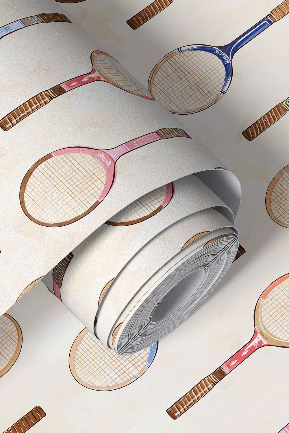 tennis racket vinyl wallpaper, washable wallpaper, commercial grade sport wallpaper, moisture resistant wallpaper, tennis club wallpaper, durable wallpaper, locker room wallcovering, kids sports wallpaper, vintage racket stripe