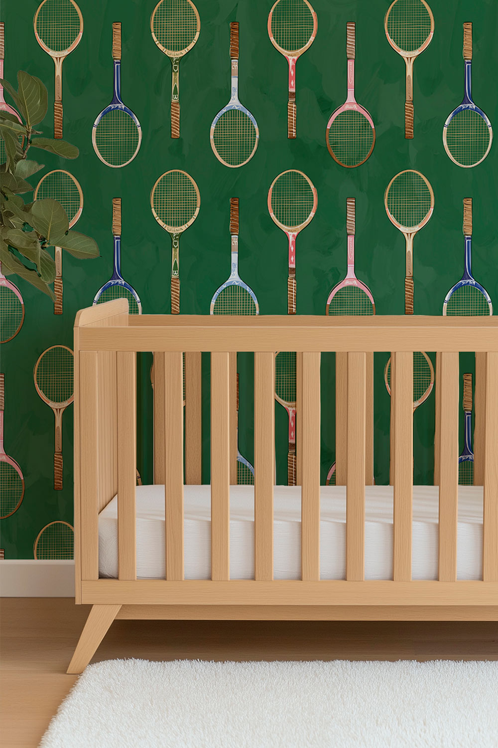 Performance vinyl wallpaper featuring illustrated wooden tennis rackets arranged in geometric vertical stripes on a smooth, washable surface perfect for baby nurseries