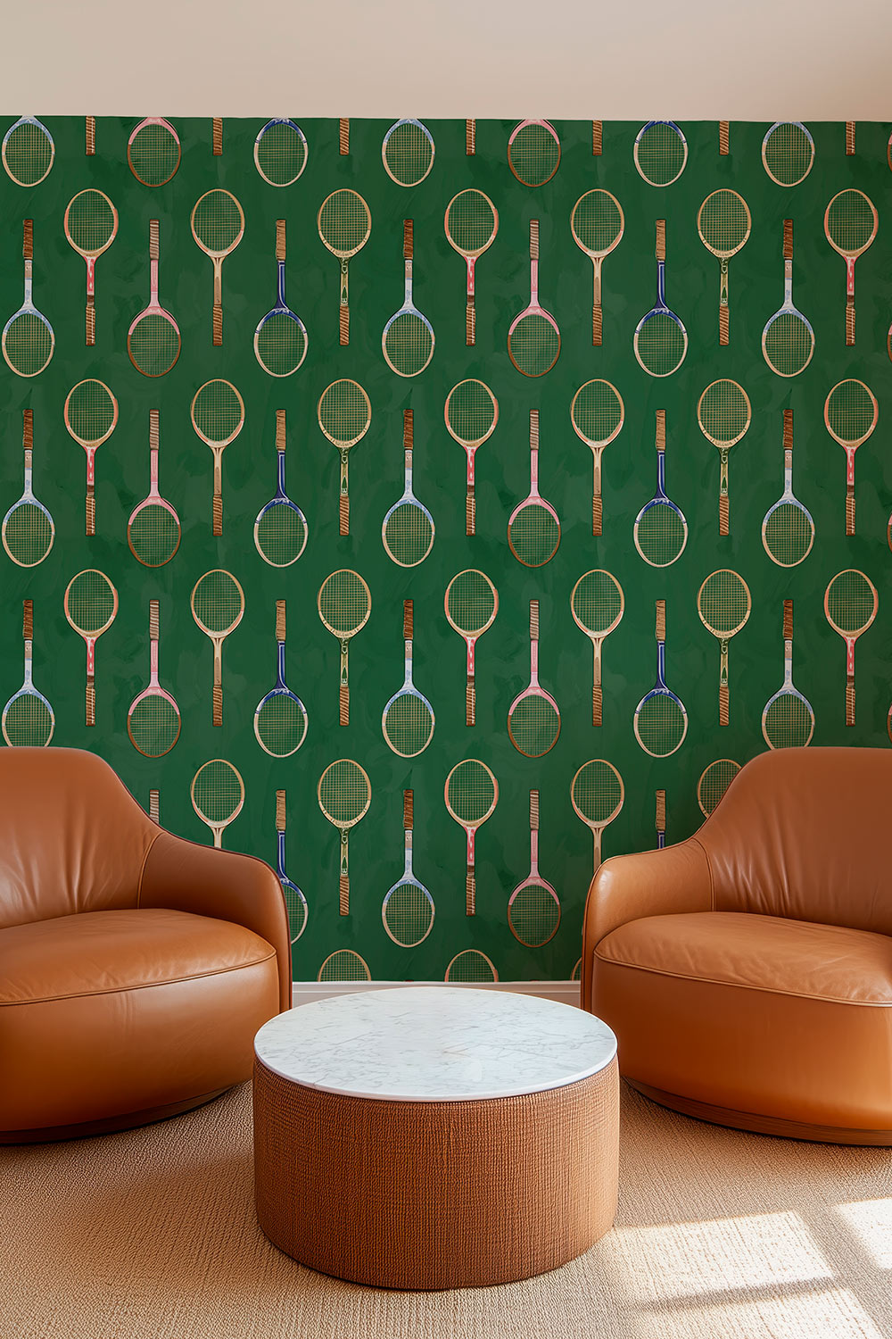 Matte wallpaper featuring hand-painted vintage wooden tennis rackets arranged in clean vertical stripes on a smooth traditional surface perfect for high end club house and country club lounge decor