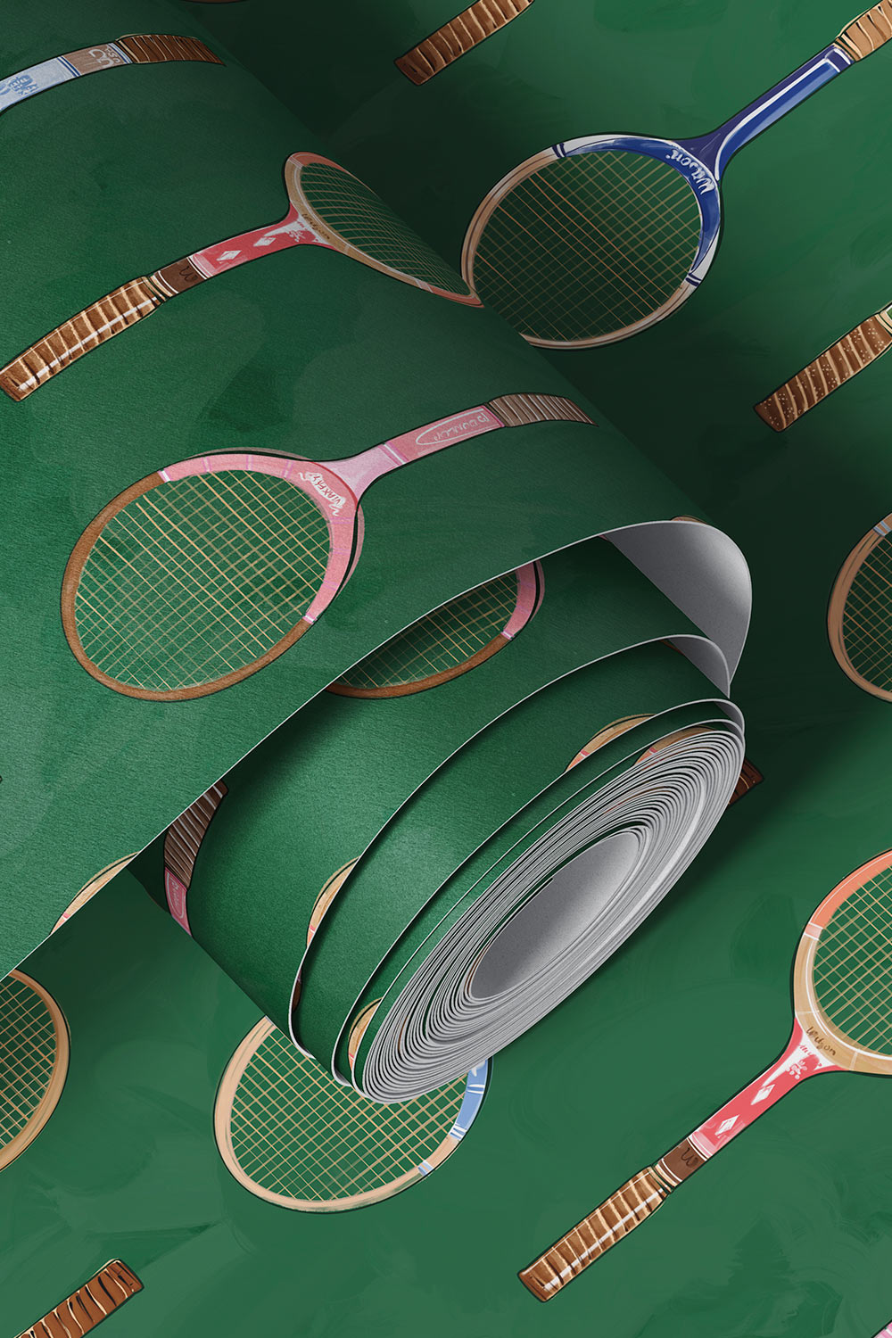 tennis racket vinyl wallpaper, washable wallpaper, commercial grade sport wallpaper, moisture resistant wallpaper, tennis club wallpaper, durable wallpaper, locker room wallcovering, kids sports wallpaper, vintage racket stripe