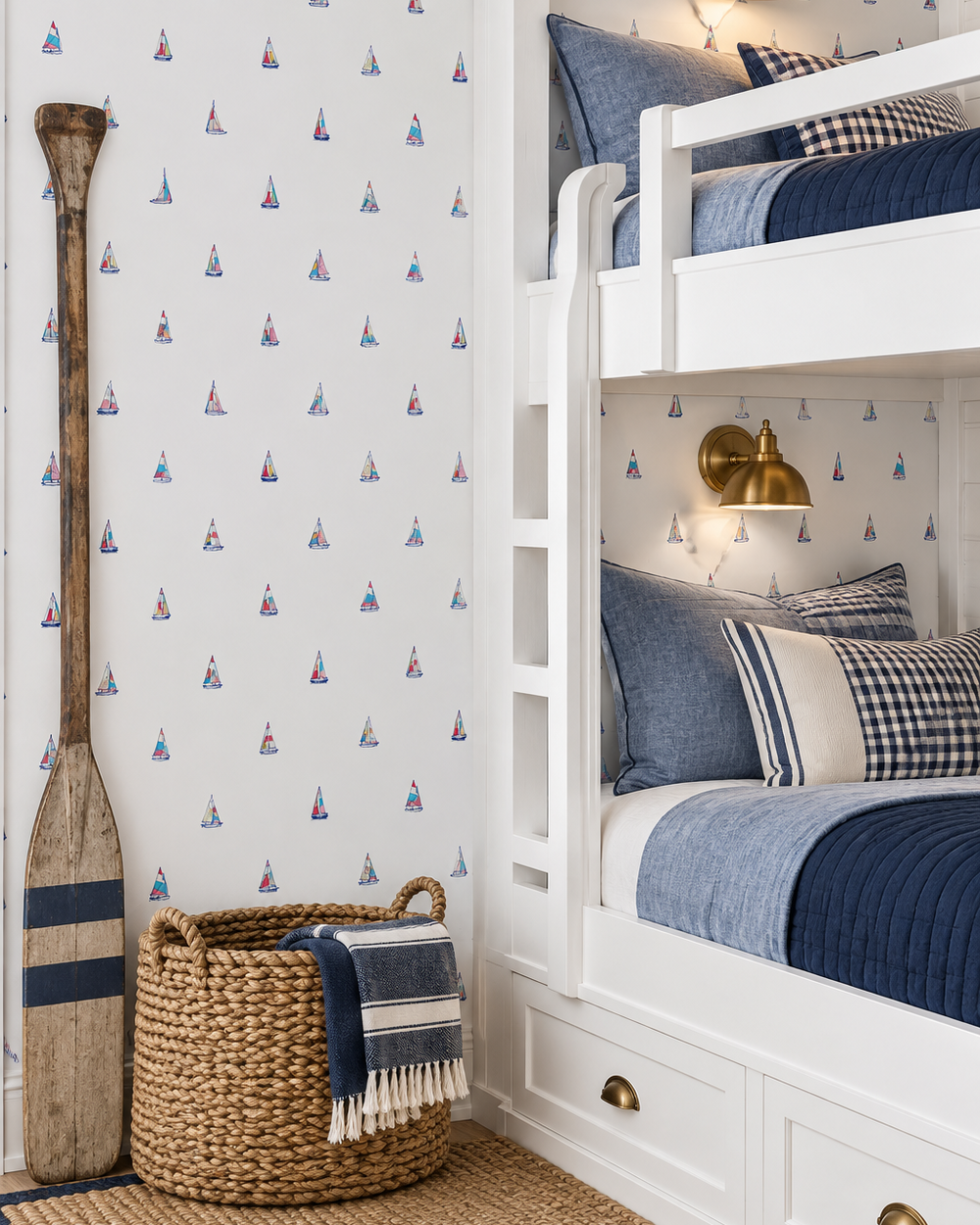 A styled bunk room bedroom featuring a white wallpaper with a repeating pattern of small colorful sailboats, a navy blue upholstered bed headboard, white bedding, a coral accent pillow, and a white nightstand with a wicker basket and wall lamp.