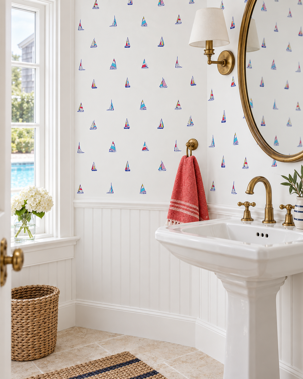 coastal nautical inspired bathroom with americana colored mini sailboats printed on performance vinyl washable and stain resistant wallpaper