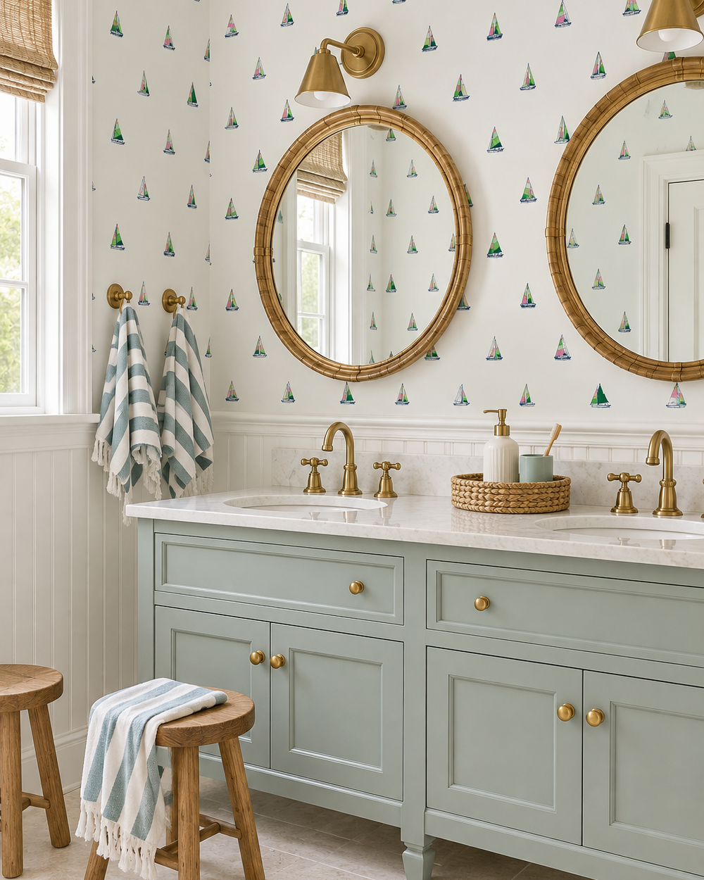 preppy nautical performance vinyl wallpaper for coastal and lake house bathrooms