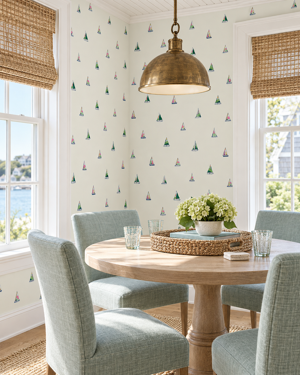 Regatta sailboat wallpaper for coastal-inspired décor for coastal dining rooms